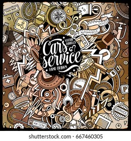 Cartoon cute doodles hand drawn Automotive illustration. Watercolor detailed, with lots of objects background. Funny vector artwork. Paint picture with cuisine theme items
