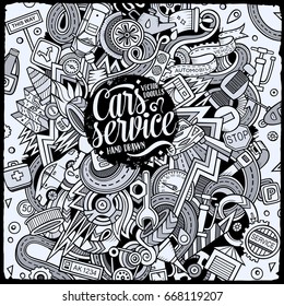 Cartoon cute doodles hand drawn Automotive illustration. Line art detailed, with lots of objects background. Funny vector artwork. Sketchy picture with cuisine theme items