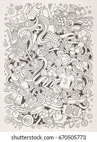 Cartoon cute doodles hand drawn Sport illustration. Line art detailed, with lots of objects background. Funny vector artwork.