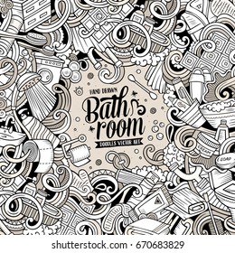 Cartoon cute doodles hand drawn Bathroom frame design. Line art detailed, with lots of objects background. Funny vector illustration. Vintage border with bath room theme items