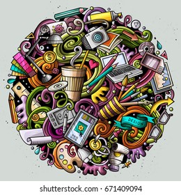 Cartoon cute doodles hand drawn Design illustration. Colorful detailed, with lots of objects background. All items are separate. Bright colors picture with Artistic theme items