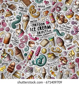 Cartoon süße Doodles handgezeichnet Eiscreme Illustration. Mit vielen Objekten gesetzt. Funny Vektorgrafik