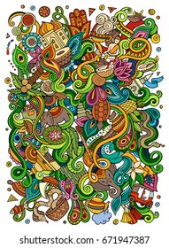 Cartoon cute doodles hand drawn India illustration. Colorful detailed, with lots of objects background. Funny vector artwork. Bright colors picture with indian culture theme items