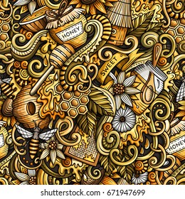 Cartoon cute doodles hand drawn Honey seamless pattern. Colorful detailed, with lots of objects background. Endless funny vector illustration.