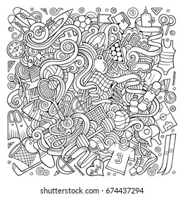 Cartoon cute doodles hand drawn Sport illustration. Line art detailed, with lots of objects background. Funny vector artwork.