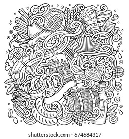 Cartoon cute doodles hand drawn Oktoberfest illustration. Line art detailed, with lots of objects background. Funny vector artwork. Sketched picture with Beer fest theme items.