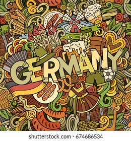 Cartoon cute doodles hand drawn Germany inscription. Colorful illustration with Deutsche theme items. Line art detailed, with lots of objects background. Funny vector artwork