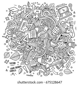 Cartoon cute doodles hand drawn School illustration. Line art detailed, with lots of objects background. Funny vector artwork. Sketchy picture with education theme items.