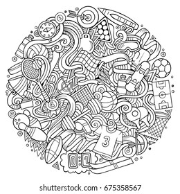 Cartoon cute doodles hand drawn Sport illustration. Line art detailed, with lots of objects background. Funny vector artwork.