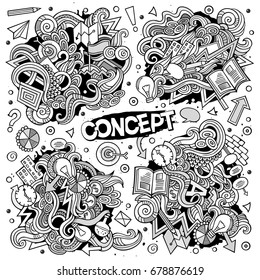 Cartoon cute doodles hand drawn Idea illustration. detailed, with lots of objects background. Funny vector artwork. Bright colors picture with Concept theme items