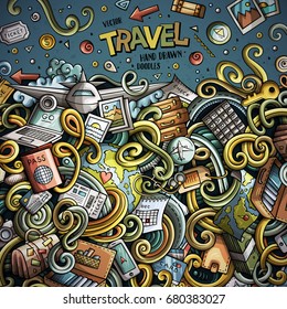 Cartoon cute doodles hand drawn Travel frame design. Colorful detailed, with lots of objects background. Funny vector illustration. Bright colors border with traveling theme items