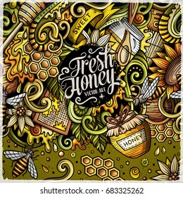 Cartoon cute doodles hand drawn Honey frame design. Colorful detailed, with lots of objects background. Funny vector illustration. Bright colors border with sweet food theme items