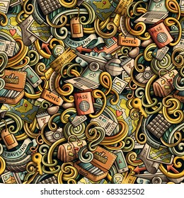 Cartoon cute doodles hand drawn travel planning seamless pattern. Colorful detailed, with lots of objects background. Endless funny vector illustration.
