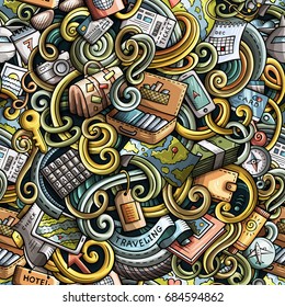 Cartoon cute doodles hand drawn travel planning seamless pattern. Colorful detailed, with lots of objects background. Endless funny vector illustration.