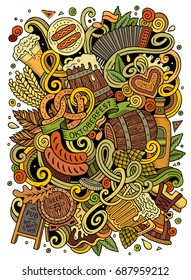 Cartoon cute doodles hand drawn Beer illustration. Colorful detailed, with lots of objects background. Funny vector artwork. Bright colors picture with Oktoberfest theme items