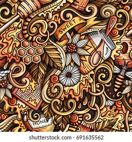 Cartoon cute doodles hand drawn Honey seamless pattern. Colorful detailed, with lots of objects background. Endless funny vector illustration.