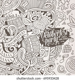 Cartoon cute doodles hand drawn Beer frame design. Line art detailed, with lots of objects background. Funny vector illustration.