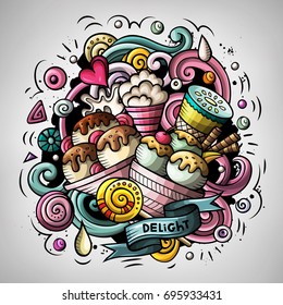 Cartoon cute doodles hand drawn Ice cream illustration. Colorful detailed, with lots of objects background. All items are separate. Funny vector artwork