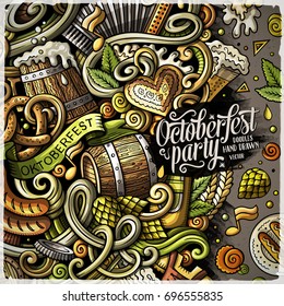 Cartoon cute doodles hand drawn Beer fest frame design. Colorful detailed, with lots of objects background. Funny vector illustration. Bright colors border with Oktoberfest theme items