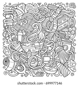 Cartoon cute doodles hand drawn Bathroom illustration. Line art detailed, with lots of objects background. Funny vector artwork