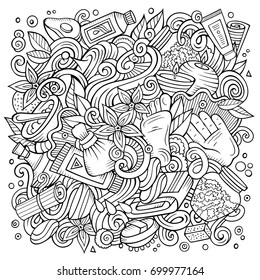 Cartoon cute doodles hand drawn Massage illustration. Line art detailed, with lots of objects background. Funny vector artwork. Contour picture with Spa theme items.