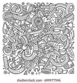 Cartoon cute doodles hand drawn Automotive illustration. Line art detailed, with lots of objects background. Funny vector artwork.