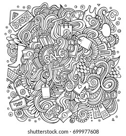 Cartoon cute doodles hand drawn Shopping illustration. Line art detailed, with lots of objects background. Funny vector artwork. Contour picture with Sale theme items.