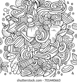 Cartoon cute doodles hand drawn Massage illustration. Line art detailed, with lots of objects background. Funny vector artwork. Contour picture with Spa theme items.