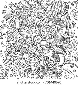 Cartoon cute doodles hand drawn Bathroom illustration. Line art detailed, with lots of objects background. Funny vector artwork