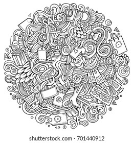 Cartoon cute doodles hand drawn Shopping illustration. Line art detailed, with lots of objects background. Funny vector artwork. Contour picture with Sale theme items.
