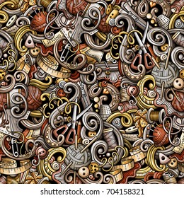 Cartoon cute doodles hand drawn Handmade seamless pattern. Color detailed, with lots of objects background. Endless funny vector illustration with hand made symbols and items