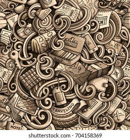 Cartoon cute doodles hand drawn travel planning seamless pattern. Toned detailed, with lots of objects background. Endless funny vector illustration.