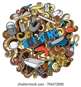 Cartoon cute doodles hand drawn Building illustration. Colorful detailed, with lots of objects background.