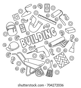 Cartoon cute doodles hand drawn Building illustration, isolated black and white icons