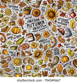 Cartoon cute doodles hand drawn Autumn illustration with lots of objects . Funny vector artwork