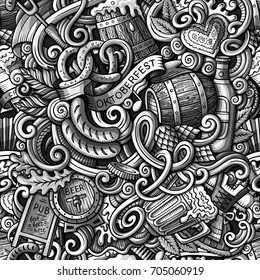 Cartoon cute doodles hand drawn Octoberfest seamless pattern. Toned detailed, with lots of objects background. Endless funny vector illustration. Sepia backdrop with beer symbols and items