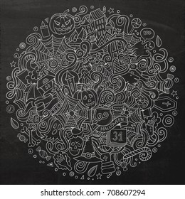 Cartoon cute doodles hand drawn Halloween illustration. Chalkboard detailed, with lots of objects background. Funny vector artwork. Line art picture with holiday theme items.
