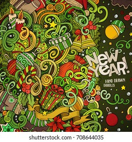 Cartoon cute doodles hand drawn Happy New Year frame design. Colorful detailed, with lots of objects background. Funny vector illustration. Bright colors border with Christmas items