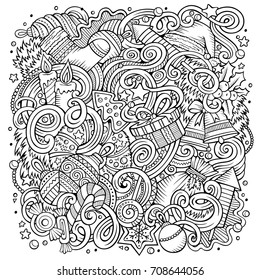 Cartoon cute doodles hand drawn New Year illustration. Line art detailed, with lots of objects background. Funny vector artwork