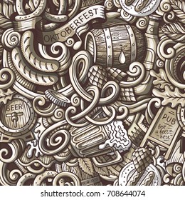 Cartoon cute doodles hand drawn Octoberfest seamless pattern. Toned detailed, with lots of objects background. Endless funny vector illustration. Sepia backdrop with beer symbols and items