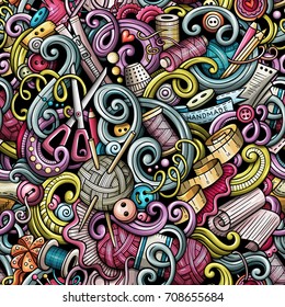 Cartoon cute doodles hand drawn Handmade seamless pattern. Color detailed, with lots of objects background. Endless funny vector illustration with hand made symbols and items