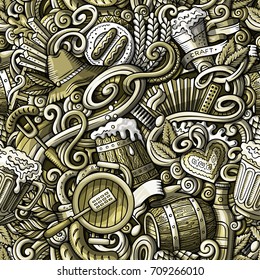 Cartoon cute doodles hand drawn Octoberfest seamless pattern. Toned detailed, with lots of objects background. Endless funny vector illustration. Sepia backdrop with beer symbols and items