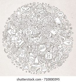 Cartoon cute doodles hand drawn Halloween illustration. Line art detailed, with lots of objects background. Funny vector artwork. Sketched picture with holiday theme items.