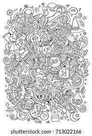 Cartoon cute doodles hand drawn Halloween illustration. Line art detailed, with lots of objects background. Funny vector artwork. Sketched picture with holiday theme items.