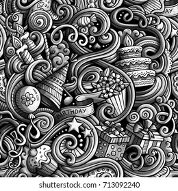 Cartoon cute doodles hand drawn Holidays seamless pattern. Monochrome detailed, with lots of objects background. Endless funny vector illustration with Birthday symbols and items
