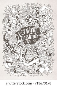 Cartoon cute doodles hand drawn New Year illustration. Line art detailed, with lots of objects background. Funny vector artwork