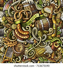 Cartoon cute doodles hand drawn Octoberfest  pattern. Colorful detailed, with lots of objects background. Endless funny vector illustration. Bright colors backdrop with beer symbols and items