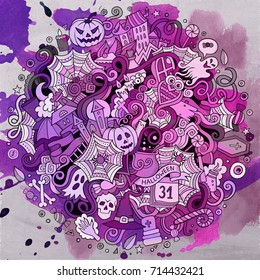 Cartoon cute doodles hand drawn Halloween illustration. Watercolor detailed, with lots of objects background. Funny vector artwork. Paint picture with holiday theme items.