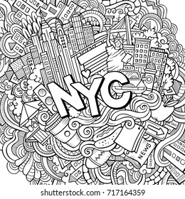 Cartoon cute doodles hand drawn New York contour illustration. Line art detailed, with lots of objects background. Funny vector artwork