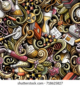 Cartoon cute doodles hand drawn Science seamless pattern. Color detailed, with lots of objects background. Endless funny vector illustration with laboratory symbols and items